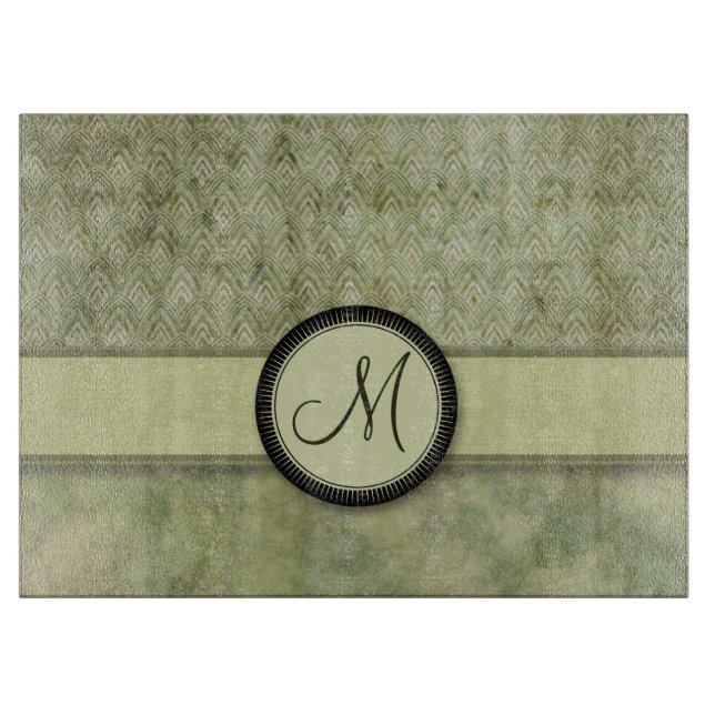 Moss Green Feather Pattern with Monogram Cutting Board (Front)
