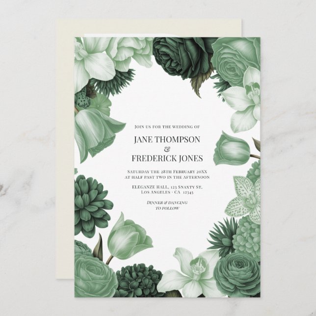Moss Green, Fern Mist & Pale Pistachio Wedding Invitation (Front/Back)