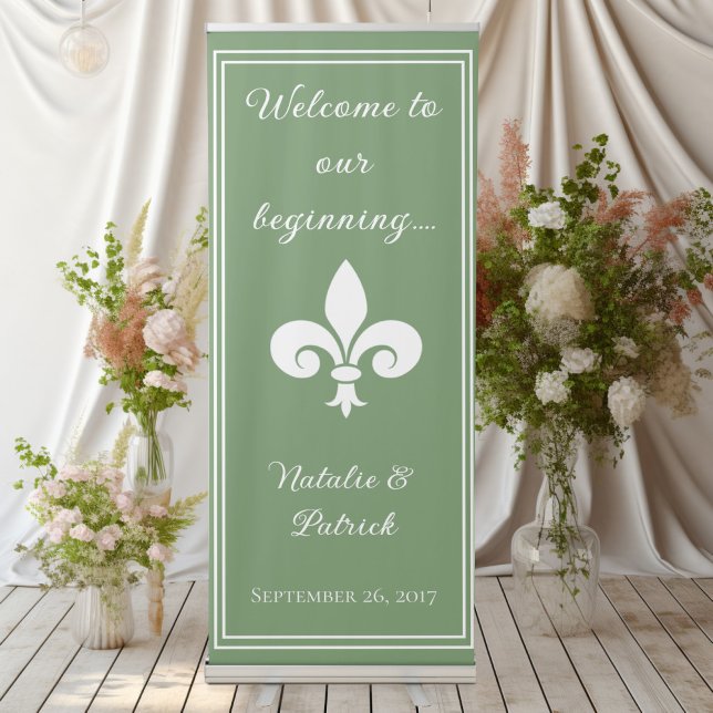 Moss Green Fleur de Lis Wedding Retractable Banner (Moss Green Fleur de Lis Wedding Welcome Retractable Banner)