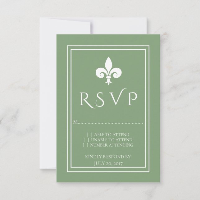 Moss Green Fleur de Lis Wedding RSVP Card (Front)