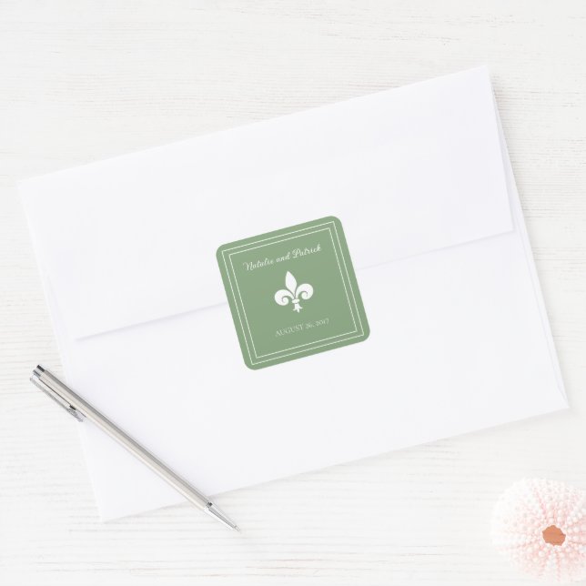 Moss Green Fleur de Lis Wedding Stickers (Envelope)