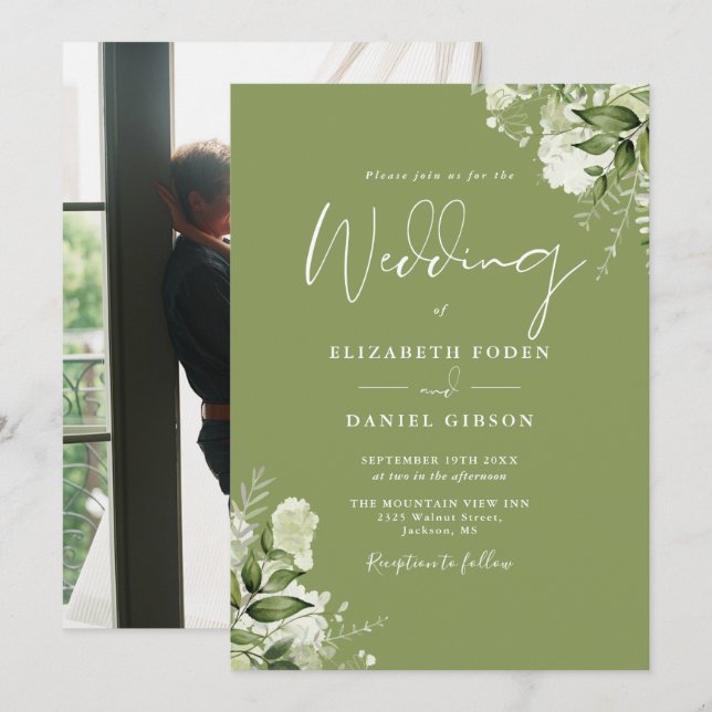 Moss Green Floral Greenery Elegant Photo Wedding Invitation (Front/Back)