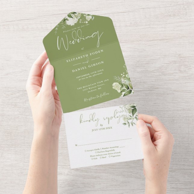 Moss Green Floral Greenery Monogram Wedding All In One Invitation (Tearaway)