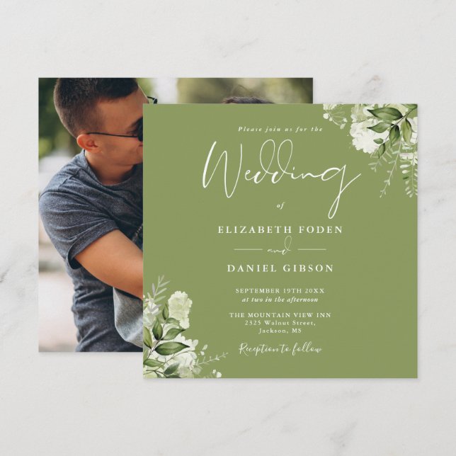 Moss Green Floral Greenery Photo Square Wedding Invitation (Front/Back)