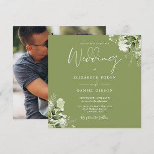 Moss Green Floral Greenery Photo Square Wedding Invitation