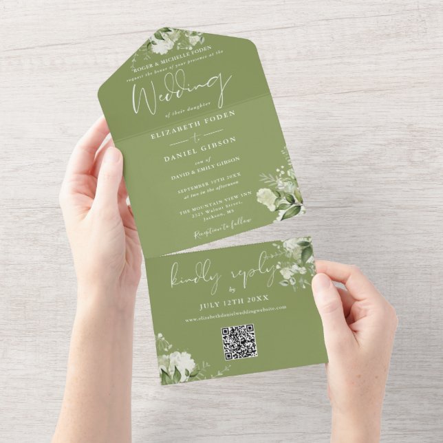 Moss Green Floral Greenery QR Code Wedding All In One Invitation (Tearaway)
