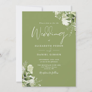 Moss Green Floral Greenery QR Code Wedding Invitation