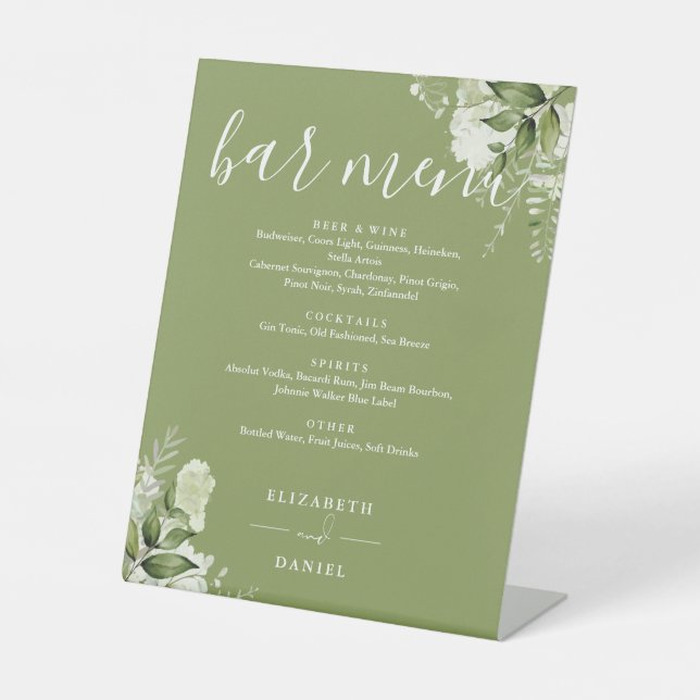 Moss Green Floral Greenery Wedding Bar Menu Pedestal Sign (Front)