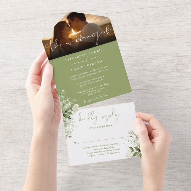 Moss Green Floral Greenery Wedding Photo All In One Invitation (Tearaway)