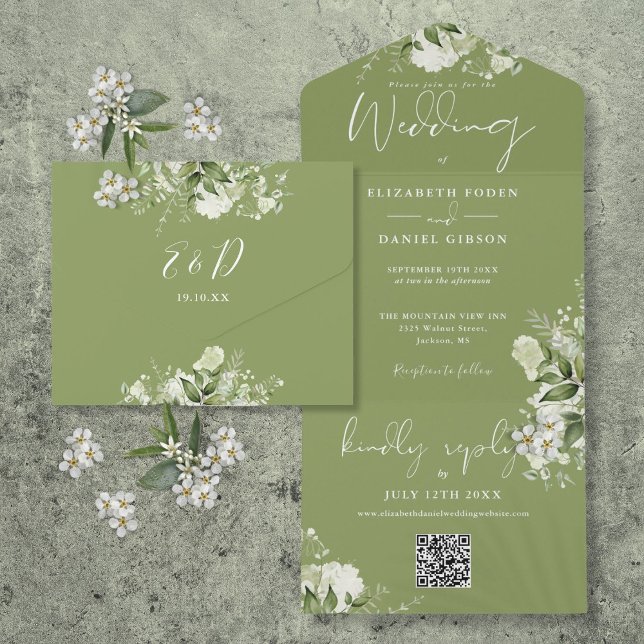 Moss Green Floral QR Code Monogram Wedding All In One Invitation (Moss Green Floral QR Code Monogram Wedding All In One Invitation)