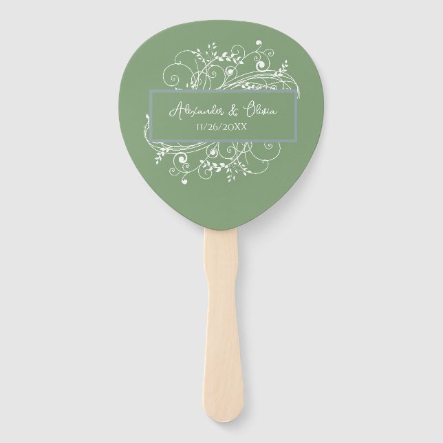 Moss Green Flourish Wedding Favour Hand Fan (Front)