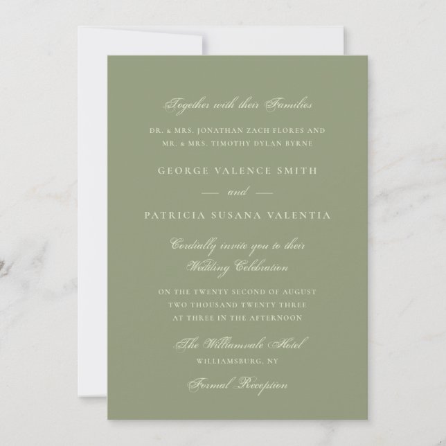 Moss Green Formal Calligraphy Elegant Wedding Invitation (Front)