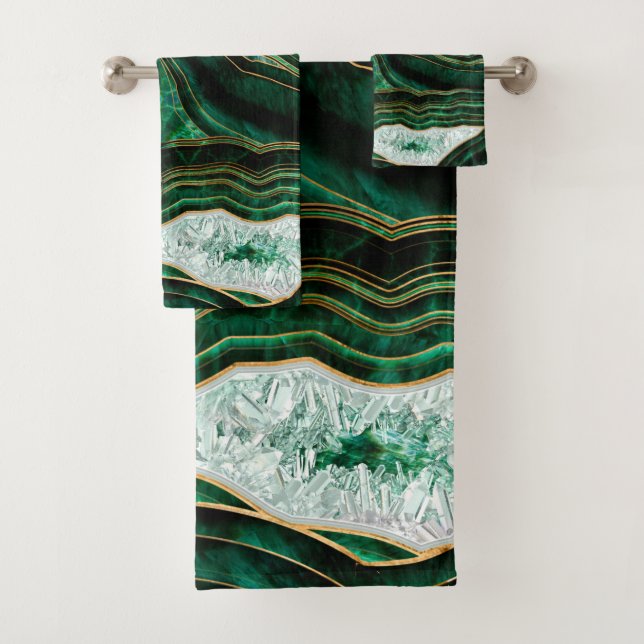Moss Green Geode and Crystals Digital Art Bath Towel Set (Insitu)