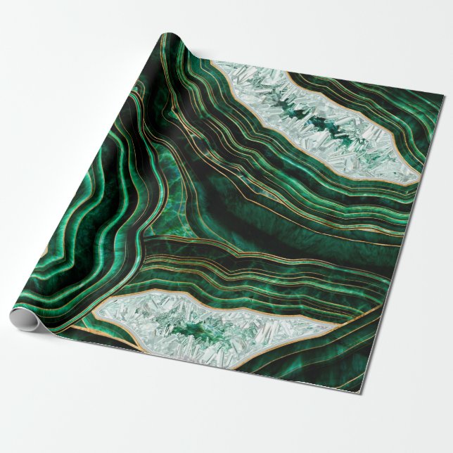Moss Green Geode and Crystals Digital Art Wrapping Paper (Unrolled)