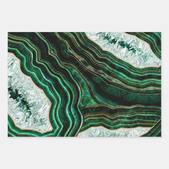 Moss Green Geode and Crystals Digital Art Wrapping Paper Sheet (Front)