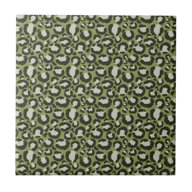 Moss Green Glamorous Leopard Spots Animal Print Tile (Front)