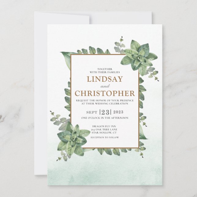 Moss Green Gold Watercolor Succulent Frame Wedding Invitation (Front)