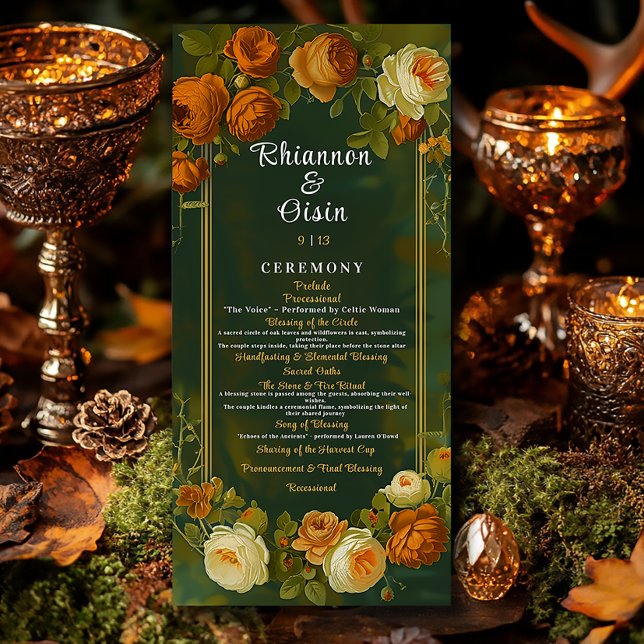 Moss Green & Gold Woodland Druid Hills Wedding  Programme (Elegant Autumn Druid Hill Floral Wedding Program )