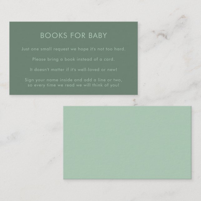 Moss Green Minimalist Earthy Books for Baby Shower Enclosure Card (Front/Back)