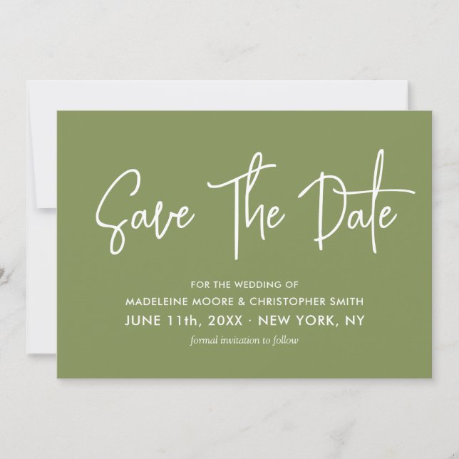 Moss Green Modern Calligraphy Scannable QR Code Save The Date (Front)
