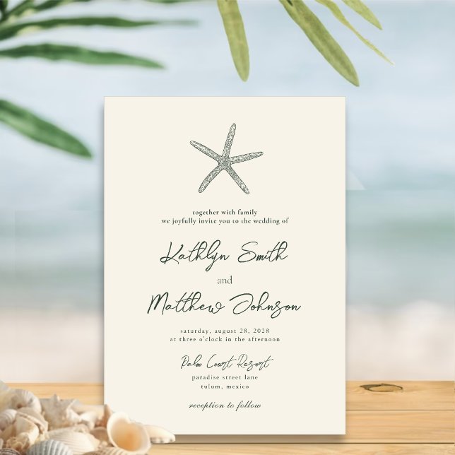 Moss Green Modern Shell Beach Destination Wedding Invitation (Creator Uploaded)
