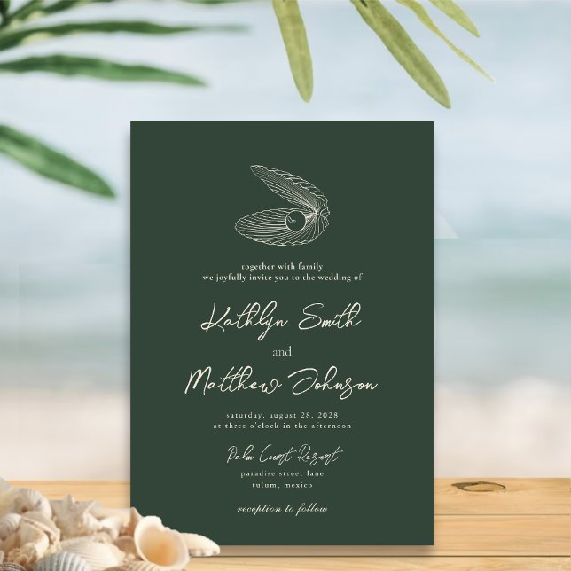 Moss Green Modern Shell Beach Destination Wedding Invitation (Creator Uploaded)