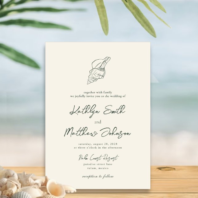 Moss Green Modern Shell Beach Destination Wedding Invitation (Creator Uploaded)
