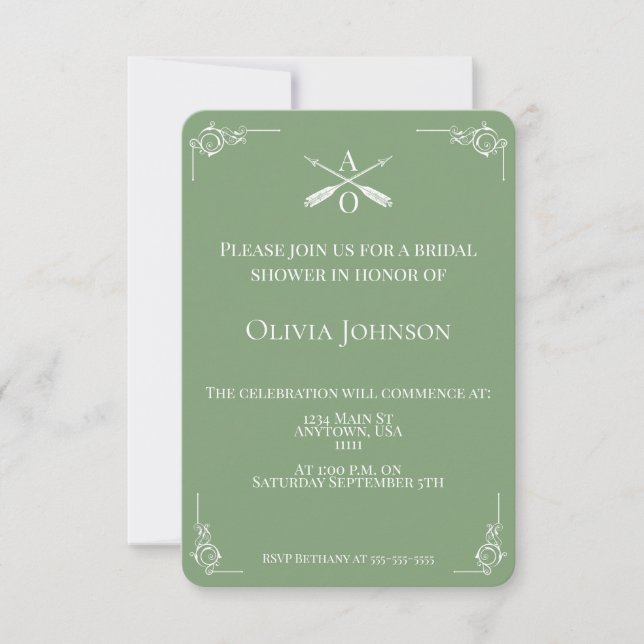 Moss Green Monogram and Arrows Bridal Shower Invitation (Front)