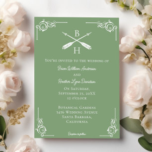 Moss Green Monogram and Arrows Wedding Invitation