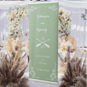 Moss Green Monogram and Arrows Wedding Retractable Banner