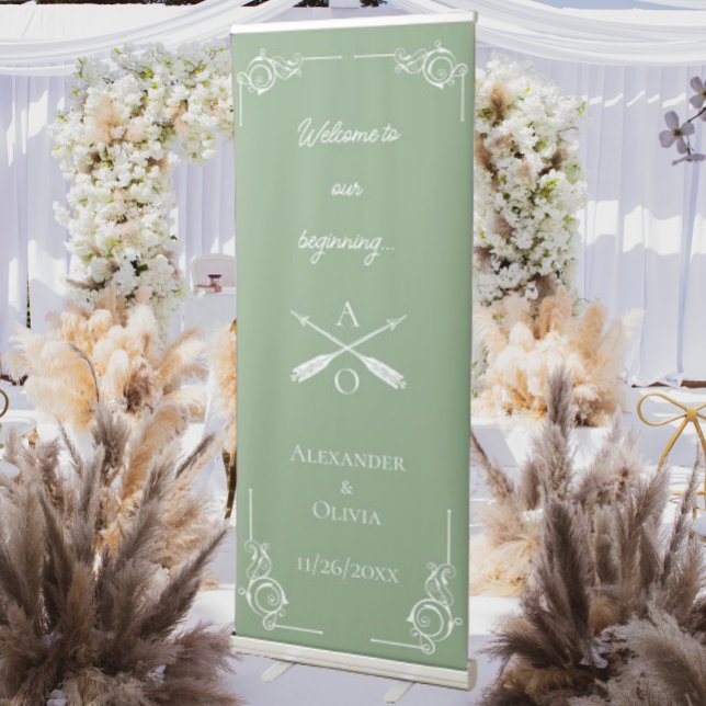 Moss Green Monogram and Arrows Wedding Retractable Banner (Moss Green Monogram and Arrows Wedding Welcome Banner)