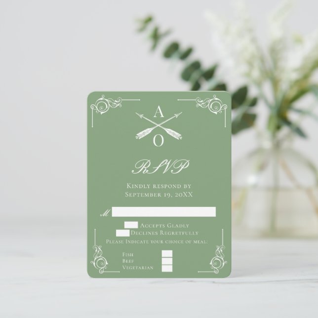 Moss Green Monogram and Arrows Wedding RSVP Card (Standing Front)