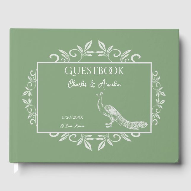 Moss Green Peacock Flourish Wedding Guest Book (Front)