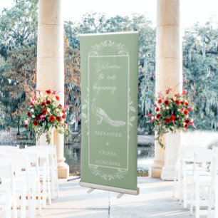 Moss Green Peacock Flourish Wedding Retractable Banner