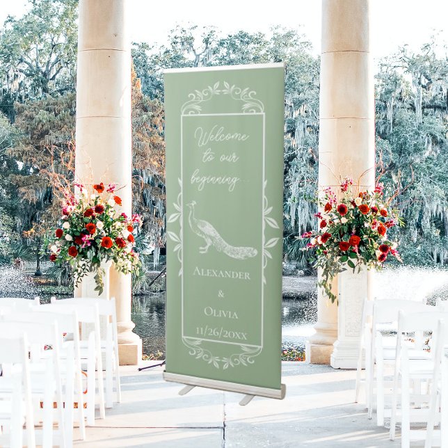 Moss Green Peacock Flourish Wedding Retractable Banner (Moss Green Peacock Flourish Wedding Welcome Banner)