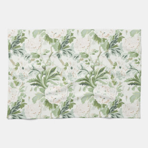 Moss Green Peony Floral, Soft White Ground Tea Towel