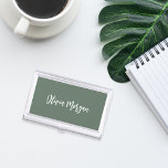 Moss Green Sketched Cursive Script Business Card Holder<br><div class="desc">Elegant business card case features your name,  title,  or choice of personalisation in white hand scripted cursive lettering on a dark moss green background.</div>