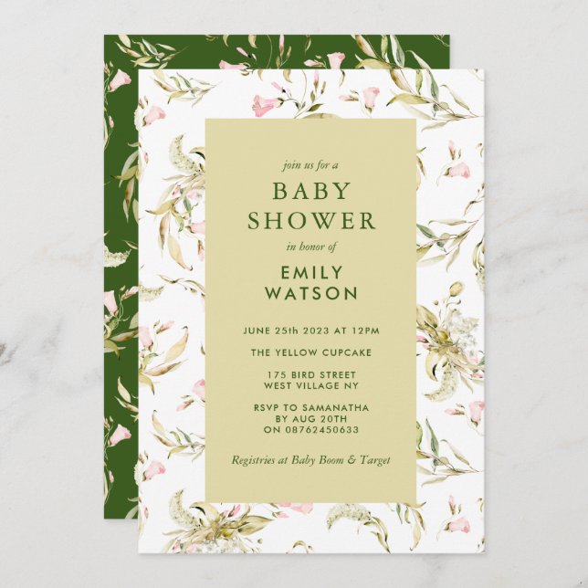 Moss Green Spring Wildflowers Baby Shower Invitation (Front/Back)