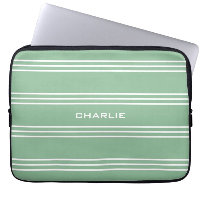 Moss Green Stripes custom monogram laptop sleeves (Front)