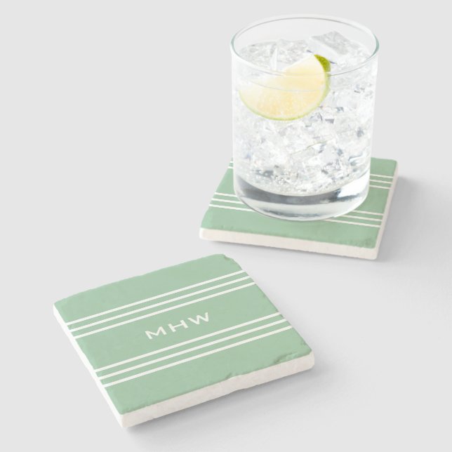 Moss Green Stripes custom monogram stone coaster (Side)