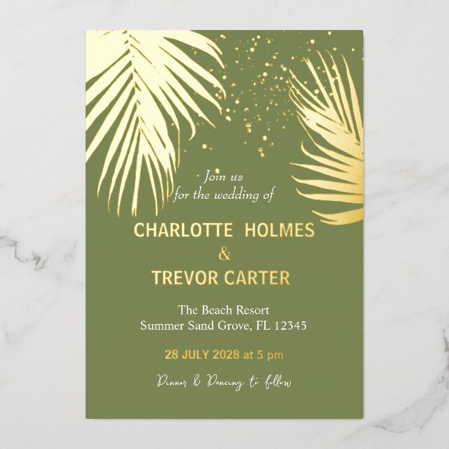 Moss Green Tropical Palms Summer Beach Wedding  (Front)
