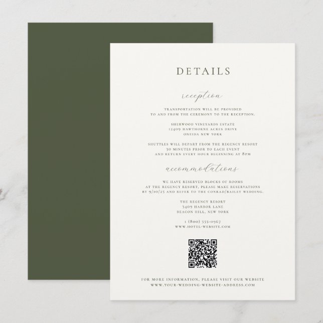 Moss Green Wedding Details Card (Front/Back)