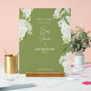 Moss Green White Floral Baby Shower Welcome Acrylic Sign
