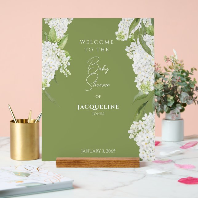  Moss Green White Floral Baby Shower Welcome Acrylic Sign (Wedding)