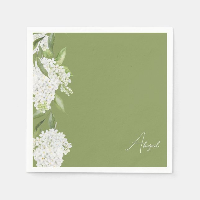 Moss Green White Floral Script Name Bridal Shower Napkin (Front)