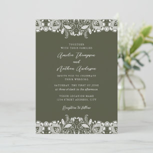 Moss Green White Vintage Lace Wedding Invitation