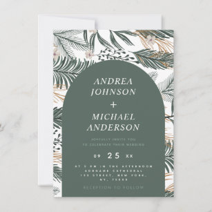 Moss Green Winter Forest Needles & Arch Flowers  Invitation