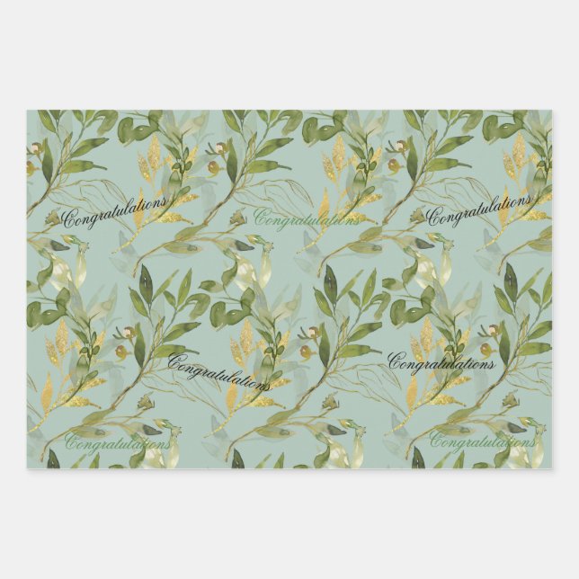Moss Green with Leaves Congratulations Wrapping Paper Sheet (Front 2)