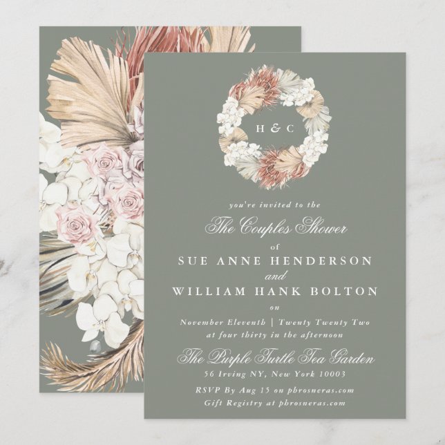 Moss Pampas Sage Monogram Wreath Couples Shower Invitation (Front/Back)