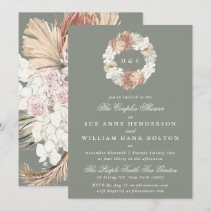 Moss Pampas Sage Monogram Wreath Couples Shower Invitation